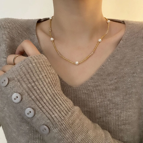 Collana Di Perline Retro Francese Acciaio Titanio Placcato Oro 18K Perla Artificial Imitazione Perla Artificial Cristallo Gioielli Donne