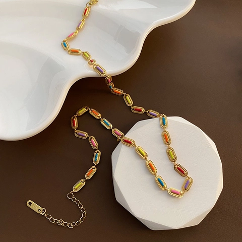 Titanium Steel Colorful Enamel Rectangular Link Necklace For Women Gold Plated Geometric Rainbow Clavicle Chain Jewelry