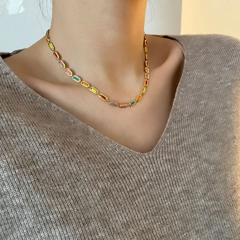 Titanium Steel Colorful Enamel Rectangular Link Necklace For Women Gold Plated Geometric Rainbow Clavicle Chain Jewelry