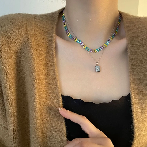 Collana A Doppio Strato Acciaio Al Titanio Zircone Quadrato Ciondolo Rettangolare E Catena A Freccia In Smalto Colorato