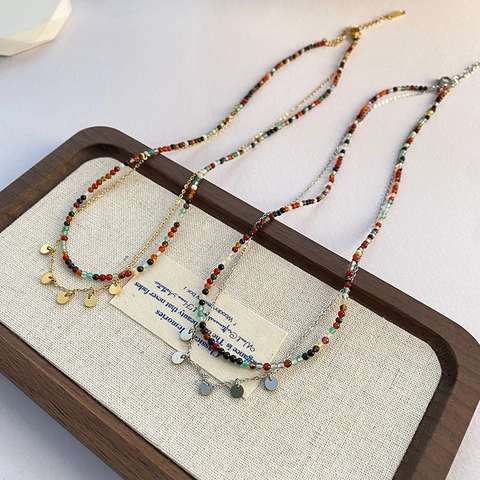 Titanstahl Naturstein Perlen Doppelreihige Halskette Für Damen Gold Silber Plattiert Rundscheiben Anhänger Boho Schmuck