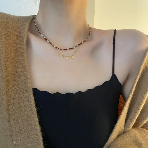 Titanstahl Naturstein Perlen Doppelreihige Halskette Für Damen Gold Silber Plattiert Rundscheiben Anhänger Boho Schmuck