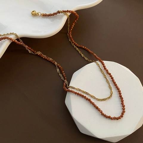 Collana A Doppio Strato Granato Arancione Naturale Perline Sfaccettate Acciaio Inossidabile Catena Clavicola Gioielli Eleganti Da Donna