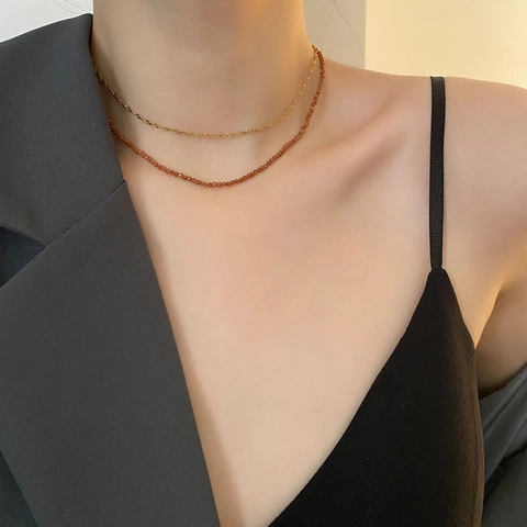 Collana A Doppio Strato Granato Arancione Naturale Perline Sfaccettate Acciaio Inossidabile Catena Clavicola Gioielli Eleganti Da Donna