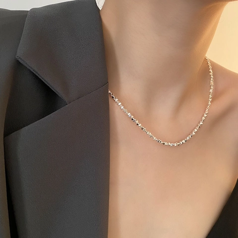 Titanium Steel Square Bead Necklace Silver Color Minimalist Glistening Choker For Women Trendy Jewelry
