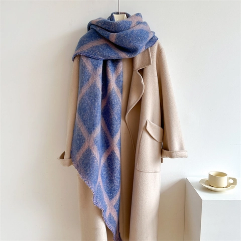 Winter Plaid Scarf Thick Warm Knit Oversized Shawl Wrap Loop Yarn Tassel Lattice Pattern Soft Fashion Accessories