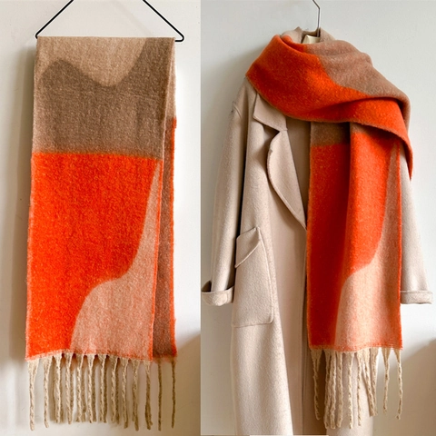 Sciarpa Donna Blocchi Di Colore Inverno Poliestere Ispessito Scialle Caldo Patchwork Geometrico Frange Lunghe