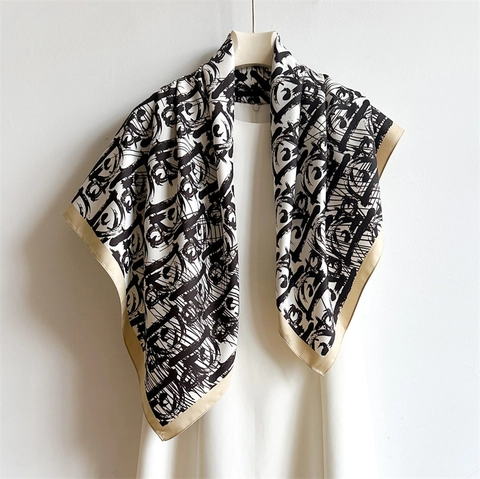 Elegante Sciarpa Quadrata In Raso Di Twill Con Stampa Monogramma Artistico Scialle Da Donna Protezione Solare