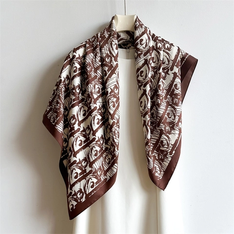 Elegante Sciarpa Quadrata In Raso Di Twill Con Stampa Monogramma Artistico Scialle Da Donna Protezione Solare