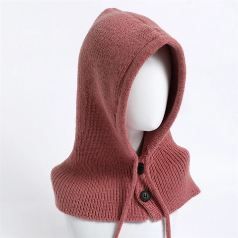 Balaclava Integrated Hood Scarf Knitted Ribbed Polyester Neck Warmer With Buttons Drawstring Solid Color Winter For Adults