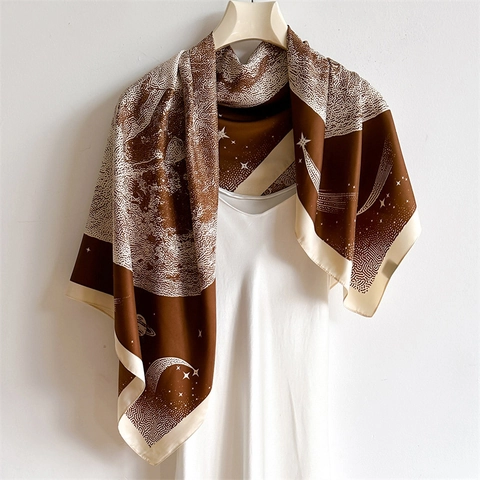 Large Square Scarf Twill Polyester Satin Galaxy Starry Sky Moon Saturn Print Shawl Wrap Vintage Elegant Women Decorative