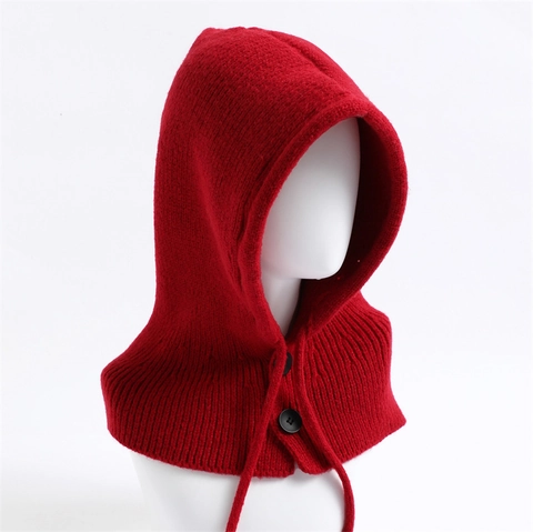 Balaclava Integrated Hood Scarf Knitted Ribbed Polyester Neck Warmer With Buttons Drawstring Solid Color Winter For Adults