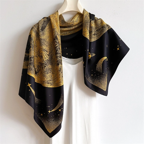 Large Square Scarf Twill Polyester Satin Galaxy Starry Sky Moon Saturn Print Shawl Wrap Vintage Elegant Women Decorative