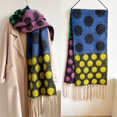 Écharpe d'Hiver Pour Femmes Épaisse Chaude Douce Châle Patchwork à Pois Avec Longs Glands Vintage Artistique Polyester Aspect Cachemire