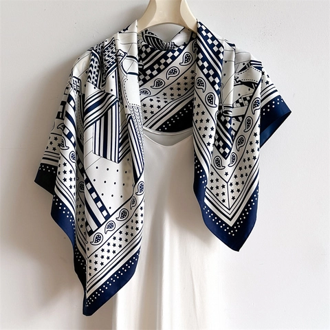 Elegant Square Scarf Polyester Twill Satin Like Paisley Polka Dot Geometric Print Shawl Sun Protection Travel Hair Turban Wrap For Women