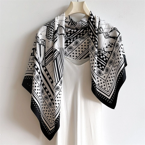 Elegant Square Scarf Polyester Twill Satin Like Paisley Polka Dot Geometric Print Shawl Sun Protection Travel Hair Turban Wrap For Women