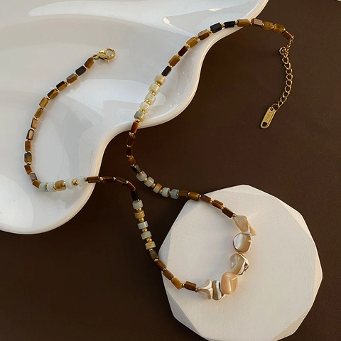 Handmade Beaded Necklace With Tiger Eye Stone Shell Pendants Stainless Steel Retro Choker For Women