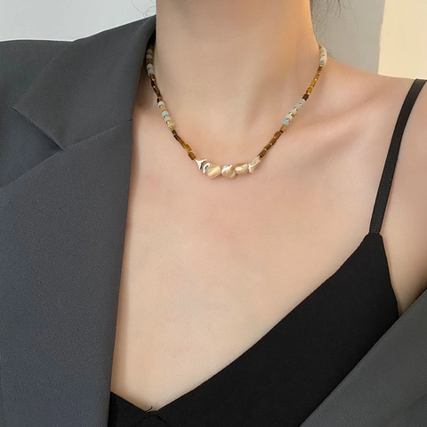 Handmade Beaded Necklace With Tiger Eye Stone Shell Pendants Stainless Steel Retro Choker For Women