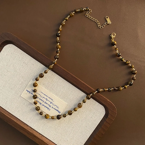 Retro Tiger Eye Beaded Necklace Natural Stone Stainless Steel Handmade Adjustable Choker Vintage Jewelry For Women