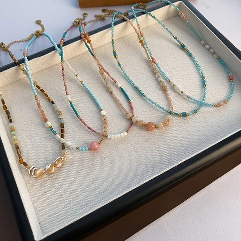 Handmade Beaded Necklace Natural Stone Strawberry Quartz Stainless Steel Bohemian Vintage Style Jewelry For Women