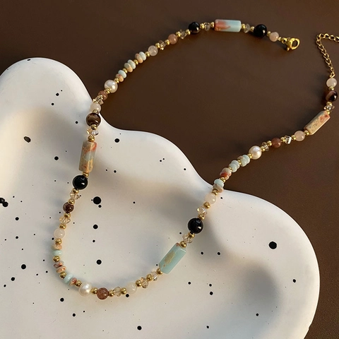 Retro Beaded Necklace Stainless Steel Natural Stone Artificial Pearl Ethnic Style Jewelry Women Clavicle Chain Bohemian Adjustable