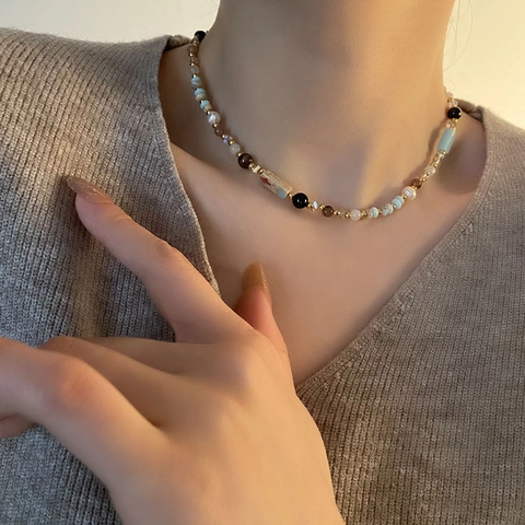 Retro Beaded Necklace Stainless Steel Natural Stone Artificial Pearl Ethnic Style Jewelry Women Clavicle Chain Bohemian Adjustable