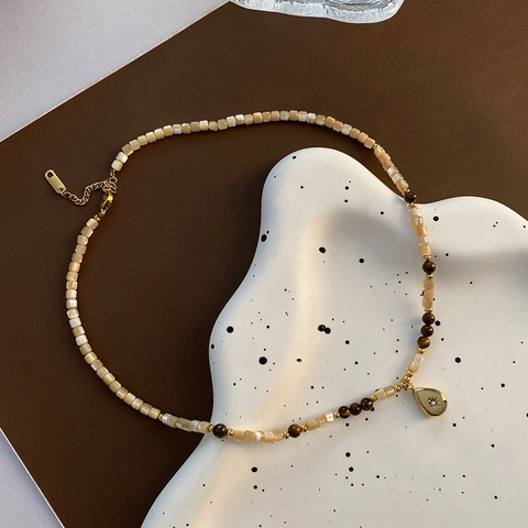 Collana Con Ciondolo In Perline Acciaio Inossidabile Madreperla Pietra Occhio Di Tigre Goccia D'acqua Stella Retro Donna