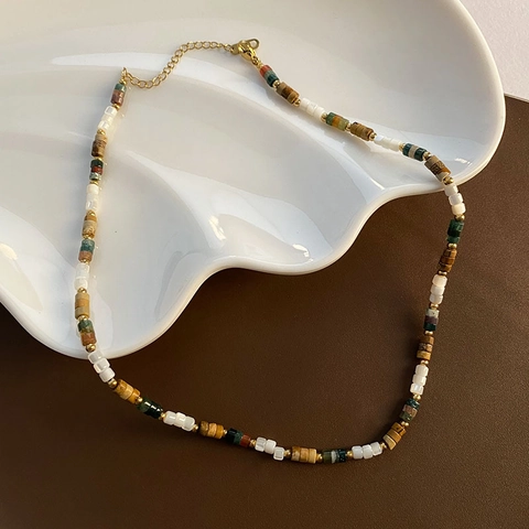 Natural Stone Beaded Necklace Stainless Steel Clavicle Chain Bohemian Retro Style Elegant Jewelry For Women