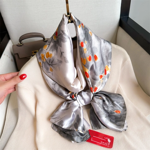 Scialle Lungo Sciarpa Imitazione Raso Stampa Floreale Pittura A Inchiostro Elegante Pashmina Per Donne