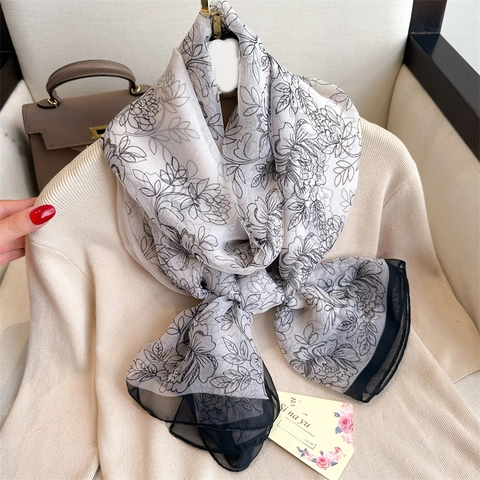 Large Floral Scarf Shawl Polyester Faux Satin Lightweight Sun Protection Contrast Border Elegant Accessories For Women