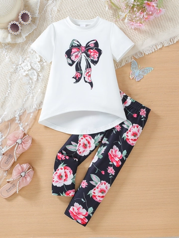 Girls Summer Clothing Outfit Short Sleeve Top And Long Pants Floral Bow Pattern Cotton Blend Casual Kids Apparel