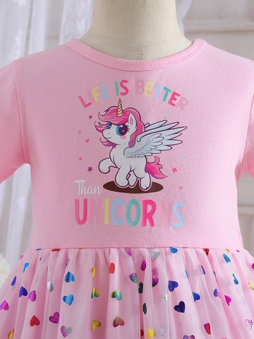 Girls Unicorn Princess Dress Short Sleeve Cotton Mesh Tulle Heart Sequin Birthday Party Costume Headband