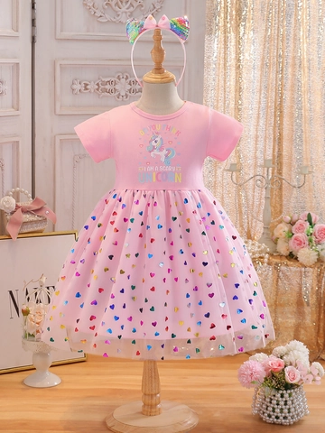 Girls Unicorn Princess Dress Cotton Short Sleeve Rainbow Heart Sequin Tulle Skirt Pink Summer Outfit And Headband
