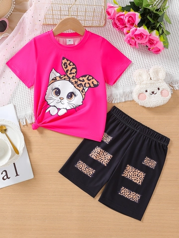 Girls Summer Clothing Outfit Short Sleeve Cartoon Cat T-Shirt Leopard Bow Leopard Print Shorts Top And Pants Pink Black