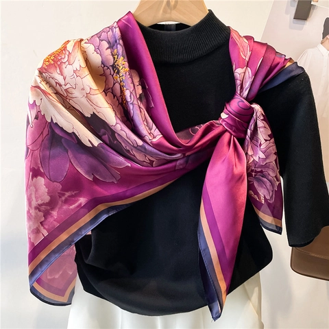 Elegante Grote Vierkante Sjaal Met Pioenrozenprint Polyester KunstSatijn Zonbescherming Mode Voor Dames