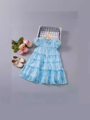 Girl's Sweet Tiered Cake Dress Flutter Sleeve Chiffon Summer Princess A-Line Dress Light Blue Tie Dye Print Kids Outfits