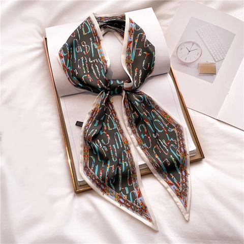 Fashion Women Satin Narrow Twilly Scarf Letter Baroque Print Beveled Edge Neckerchief Headband Hair Ribbon Scarf Accessories