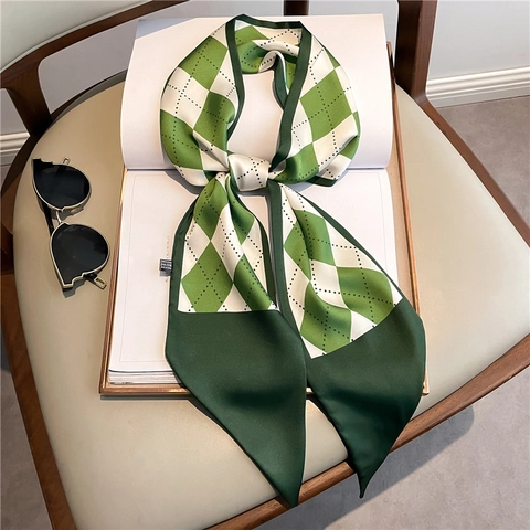 Elegant Long Narrow Scarf Argyle Diamond Pattern Polyester Satin Satin Like Ribbon For Bag Hair Neck Accessory Fashion