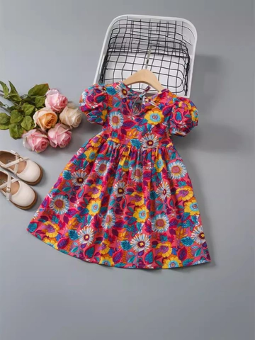 Summer Baby Girls Floral Dress Square Neck Puff Sleeve Polyester Chiffon Sunflower Print Cute Princess Dress For Toddlers