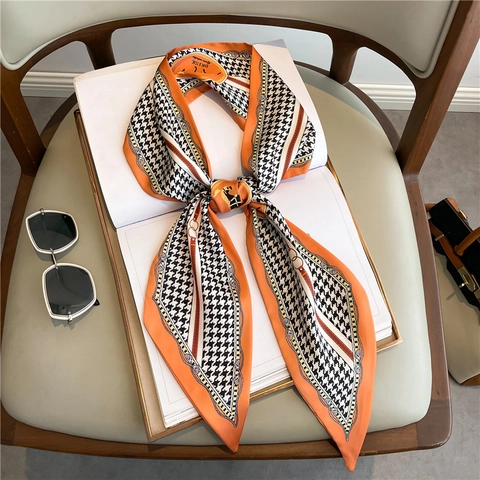 Women Skinny Twilly Scarf Houndstooth Equestrian Horse Chain Print Polyester Satin Neck Tie Bag Ribbon