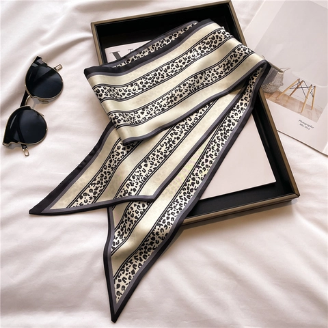 Fashionable Leopard Print Striped Long Narrow Scarf Polyester Satin Ribbon Handbag Handle Hair Tie Headband For Women
