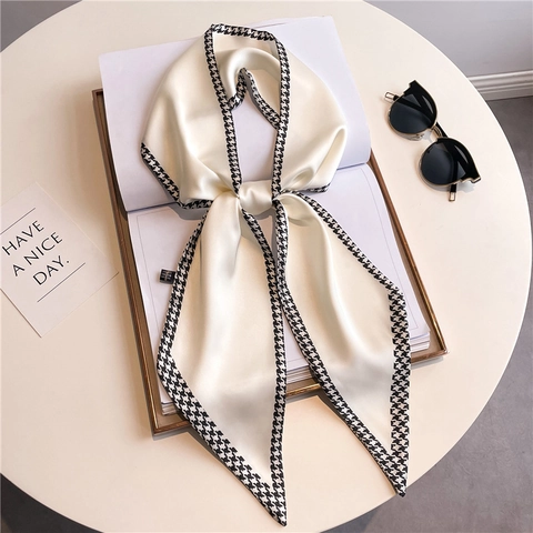 Women Satin Satin Scarf Narrow Ribbon Neck Tie Houndstooth Pattern Elegant Fashion Neckwear Headband Bag Accessory Wrap