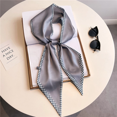 Sciarpa Stretta Sottile Raso Di Raso Cravatta Motivo Floreale Pied De Poule Stampa Cavallo Fascia Capelli Nastro Borsa Accessorio Retro