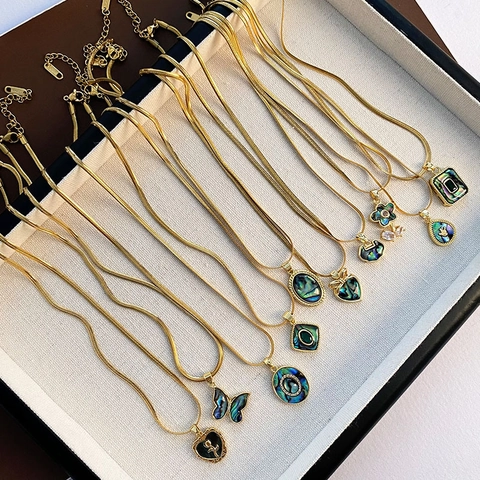Collana Con Ciondolo In Conchiglia Di Abulone Catena A Serpente In Acciaio Inossidabile Placcato Oro Gioielli Di Lusso Vintage