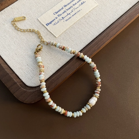 Handmade Beaded Bracelet Stainless Steel Natural Shoushan Stone With Artificial Baroque Pearl Elegant Retro Style Jewelry For Women