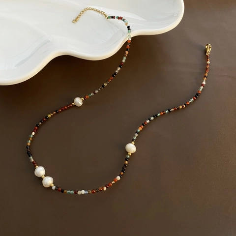 Colorful Beaded Necklace With Artificial Baroque Pearls Titanium Steel Choker For Women Vintage Bohemian Style Jewelry Accessory