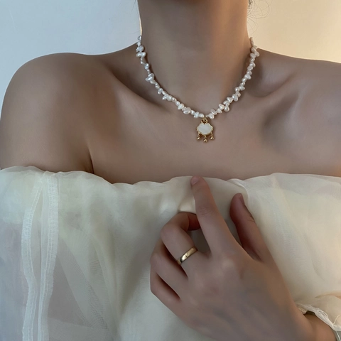 Artificial Baroque Pearl Necklace With Shell Ping An Lock Pendant Titanium Steel Retro Elegant Jewelry For Women