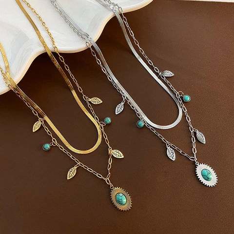 Collana A Doppio Strato In Acciaio Al Titanio Da Donna Con Pietra Stile Turchese E Ciondolo A Foglia Gioielli Retro Boho
