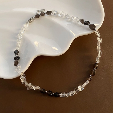 Collana E Bracciale Di Perline Di Cristallo Asimmetrico Pietra Irregolare Acciaio Titanio Catena Clavicola Stile Scuro Donne