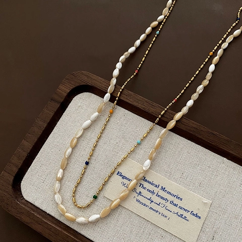 Layered Shell Beaded Necklace Stainless Steel Colorful Beads Choker Clavicle Chain Women French Retro Jewelry